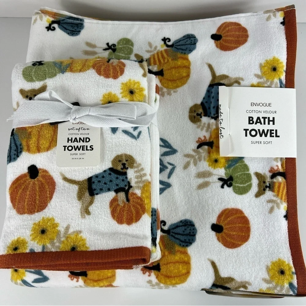 Envogue Bath Towel Set Pumpkins Puppies Dogs Cotton Velour - 4 Piece Set - NEW